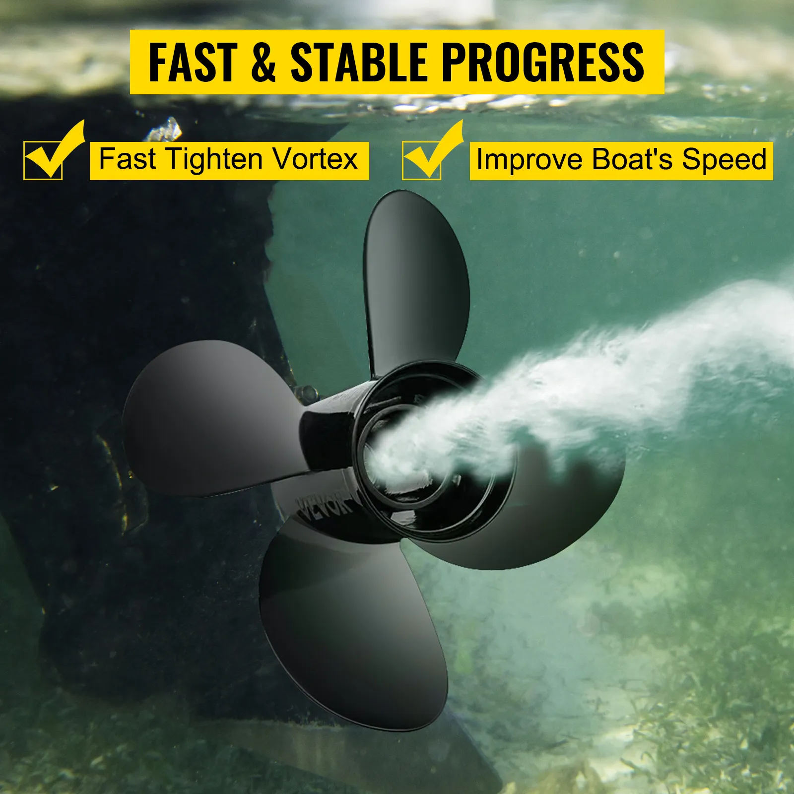 Elica fuoribordo VEVOR sott'acqua che crea un vortice veloce per aumentare la velocità dell'imbarcazione.