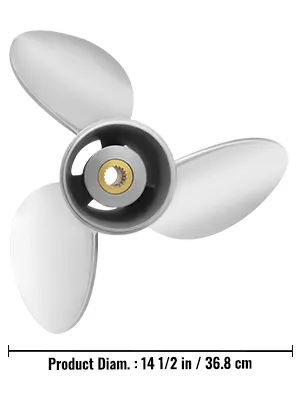 VEVOR outboard propeller with 14.5 in/36.8 cm diameter, featuring three sleek silver blades.
