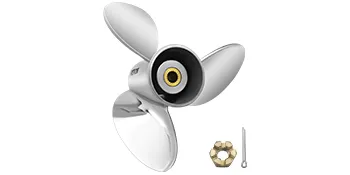 VEVOR outboard propeller with three blades, brass nut, and cotter pin on white background.