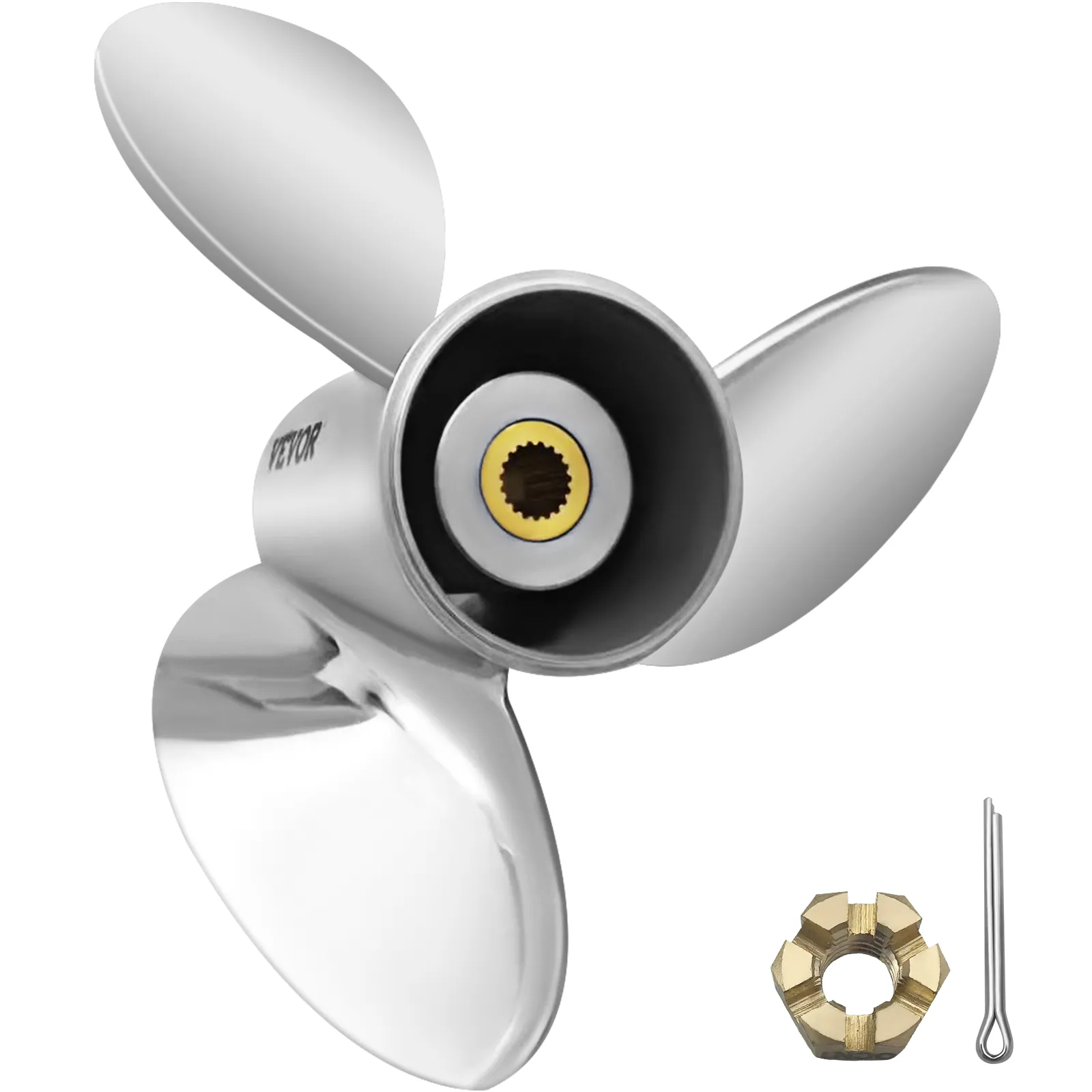 VEVOR outboard propeller with three blades, central hub, nut, and pin. polished finish on all components.