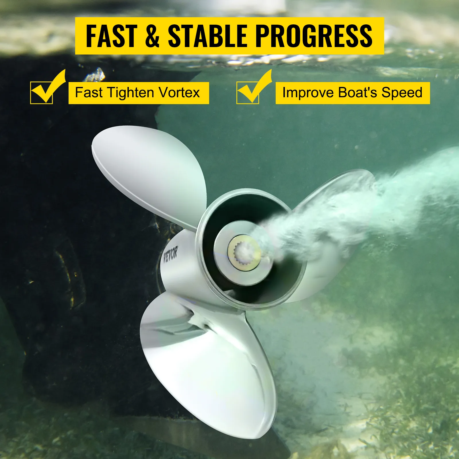 VEVOR outboard propeller underwater, highlighting fast tighten vortex, improving boat speed.