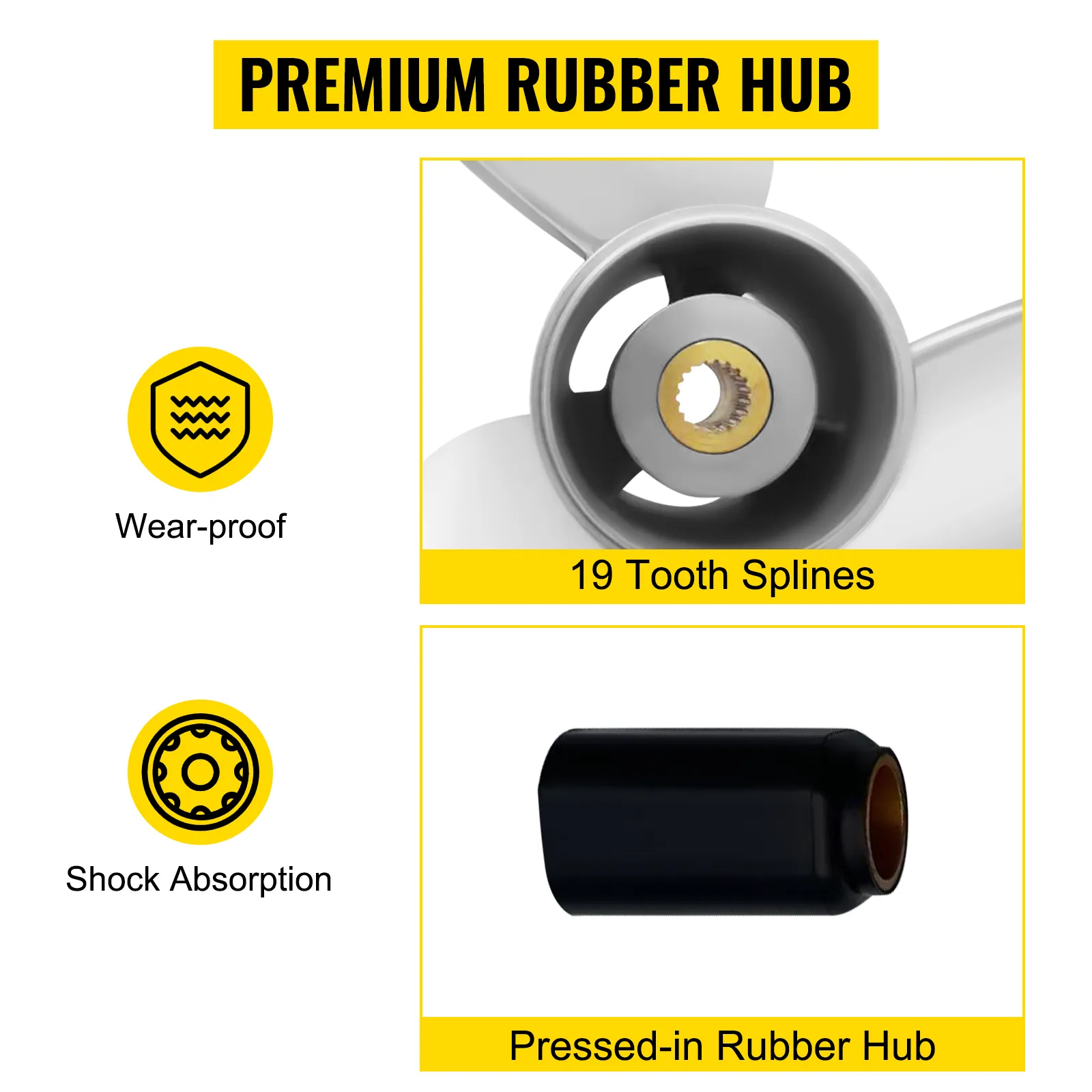 VEVOR outboard propeller features 19 tooth splines, wear-proof rubber hub, and shock absorption capability.