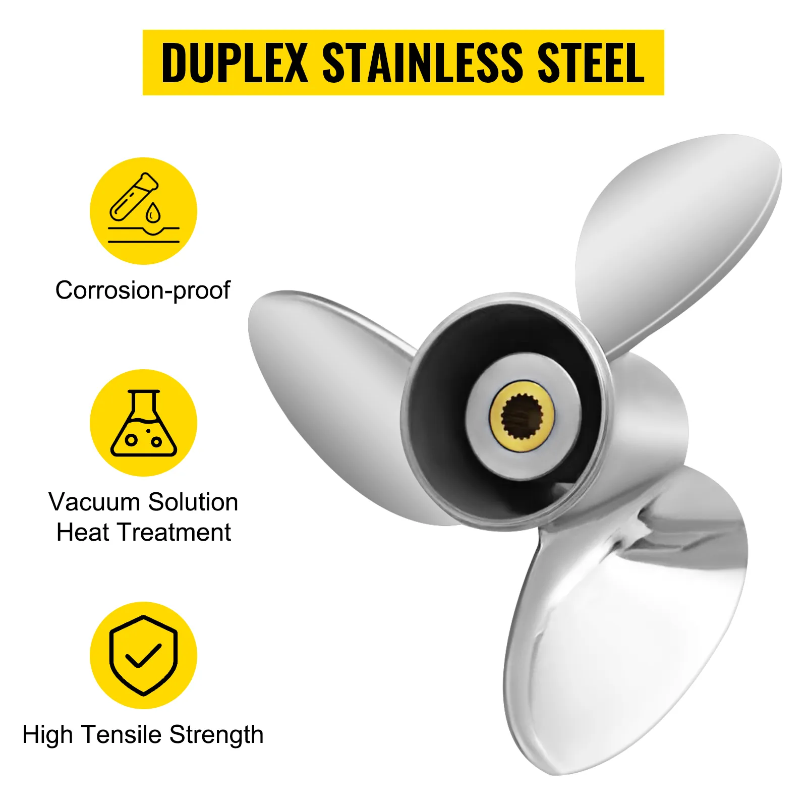 VEVOR outboard propeller with corrosion-proof duplex stainless steel and high tensile strength features.