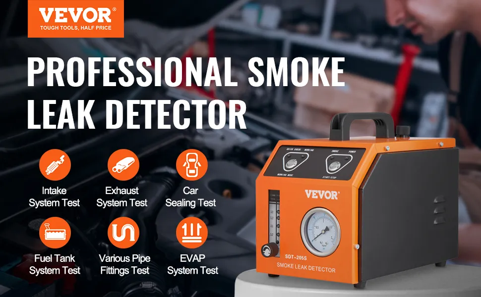 VEVOR smoke leak detector for intake, exhaust, car sealing, fuel tank, pipe fittings, and evap system tests.