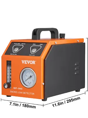VEVOR smoke leak detector sdt-205s in orange and black, with dimensions 7.1in x 11.6in displayed.