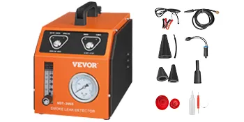VEVOR smoke leak detector with control panel, gauge, and accessories including hoses, nozzles, and adapters