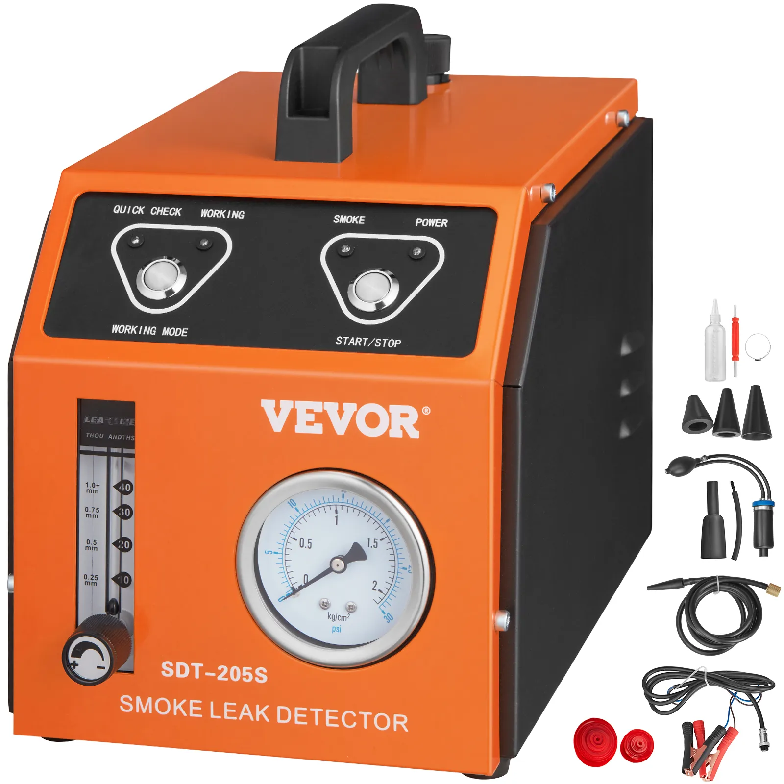 VEVOR smoke leak detector sdt-205s with gauge and accessories placed around the unit.