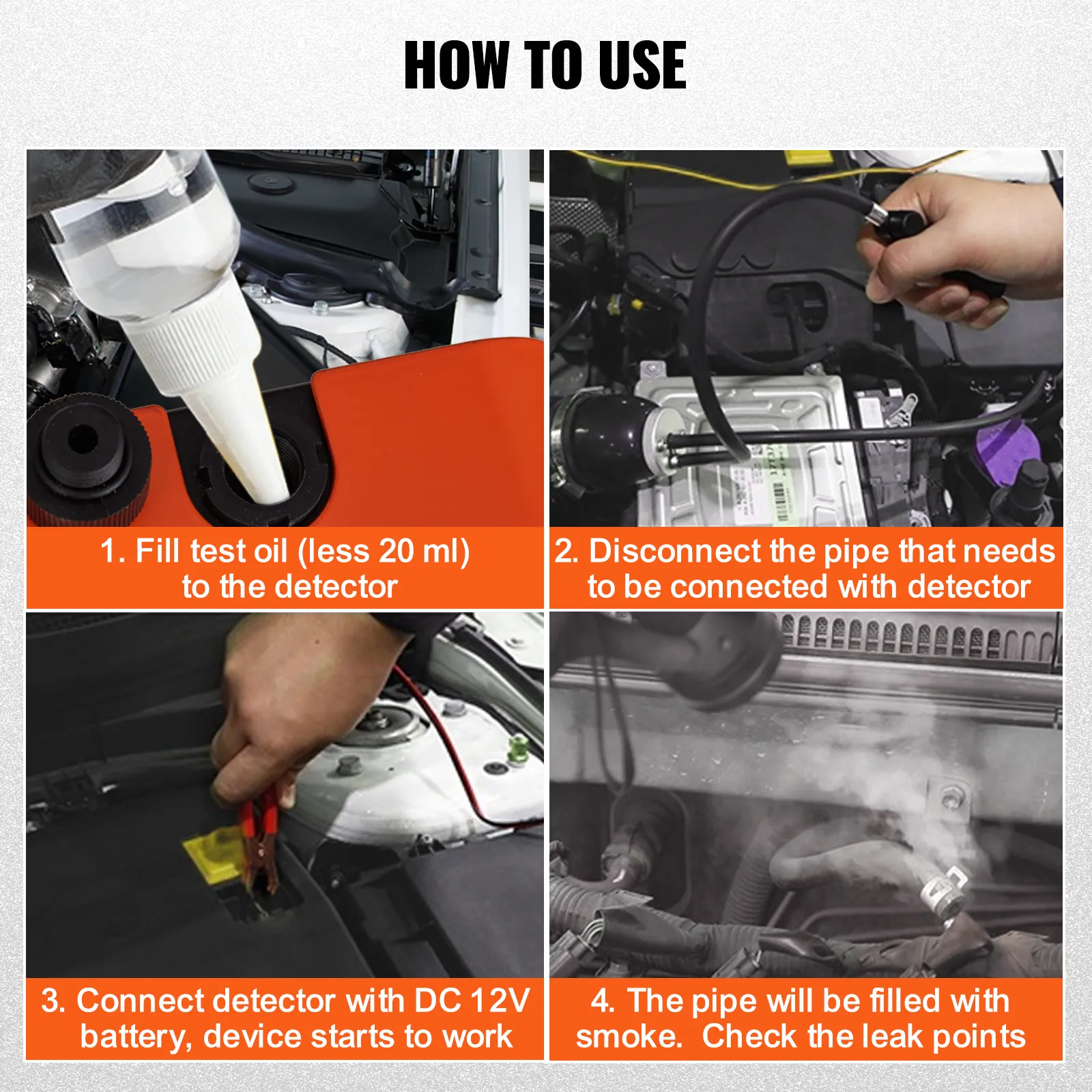 four-step guide for using VEVOR smoke leak detector with images: fill oil, connect pipes, attach to battery, and check leaks.