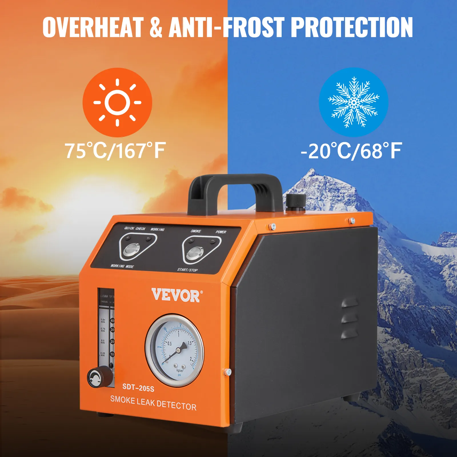 VEVOR smoke leak detector with overheat and anti-frost protection, suitable for 75°c/167°f to -20°c/68°f.