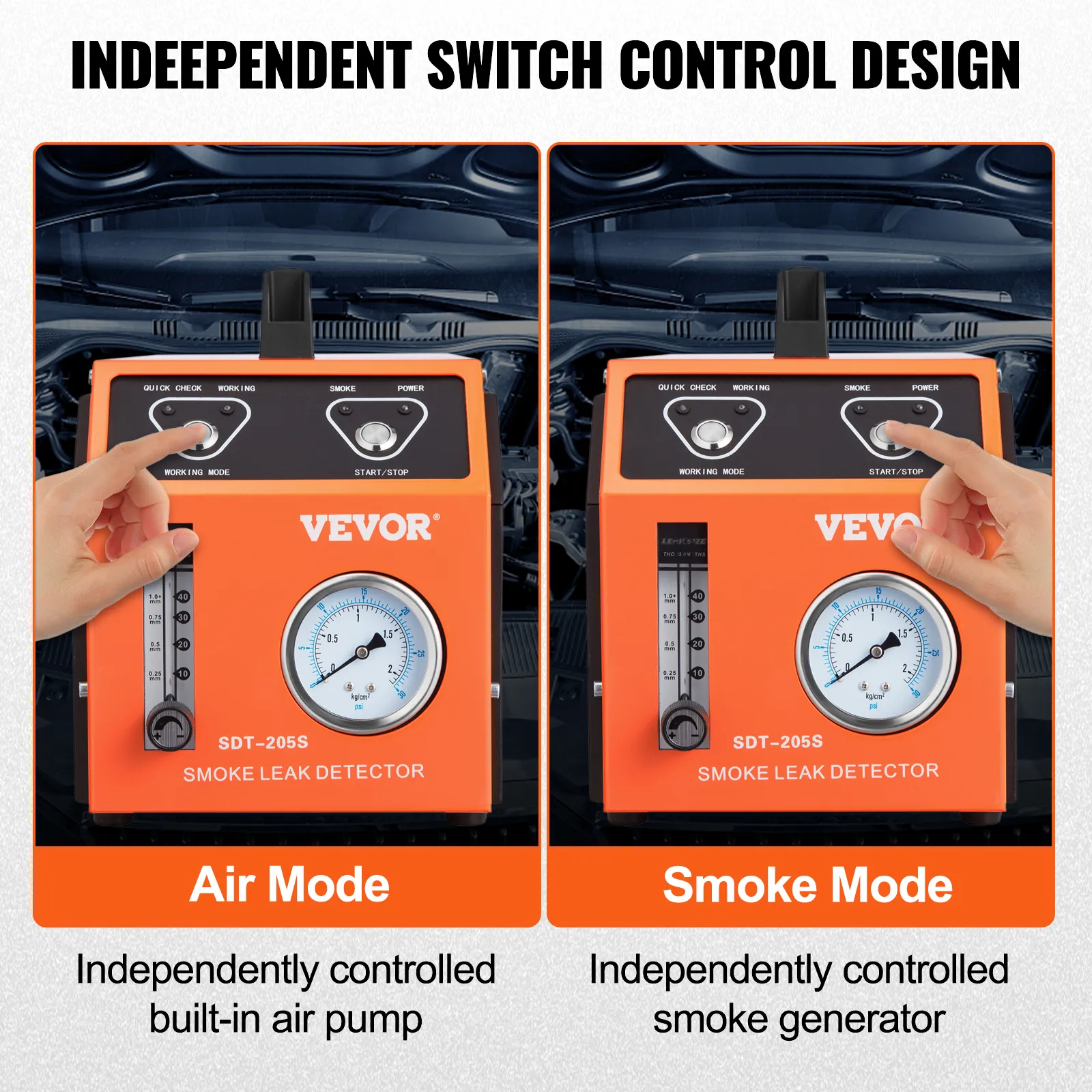 VEVOR smoke leak detector with independent switch for air mode and smoke mode.