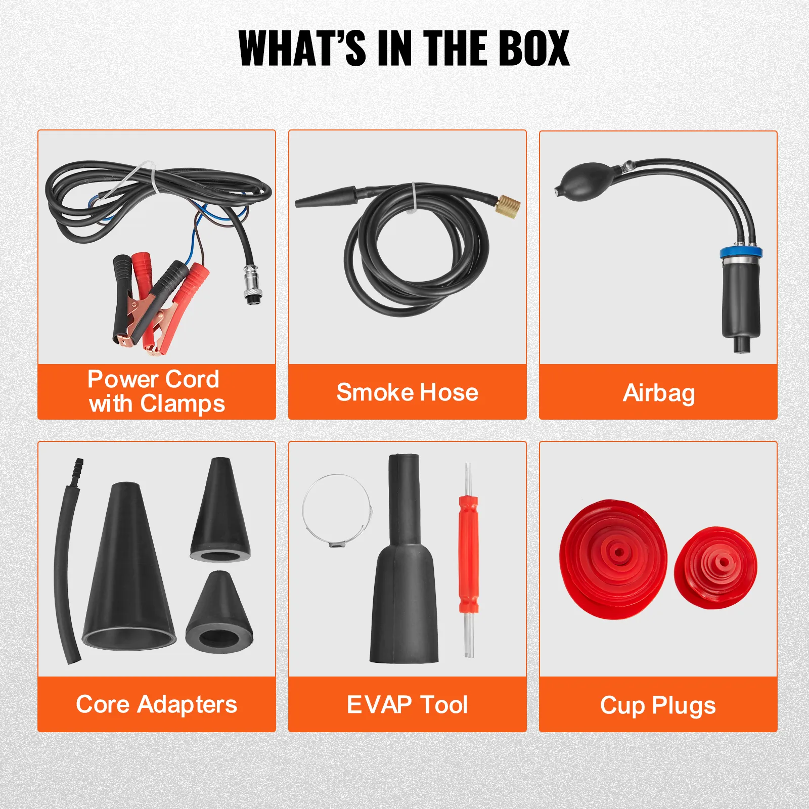 VEVOR smoke leak detector: power cord, smoke hose, airbag, core adapters, evap tool, cup plugs.