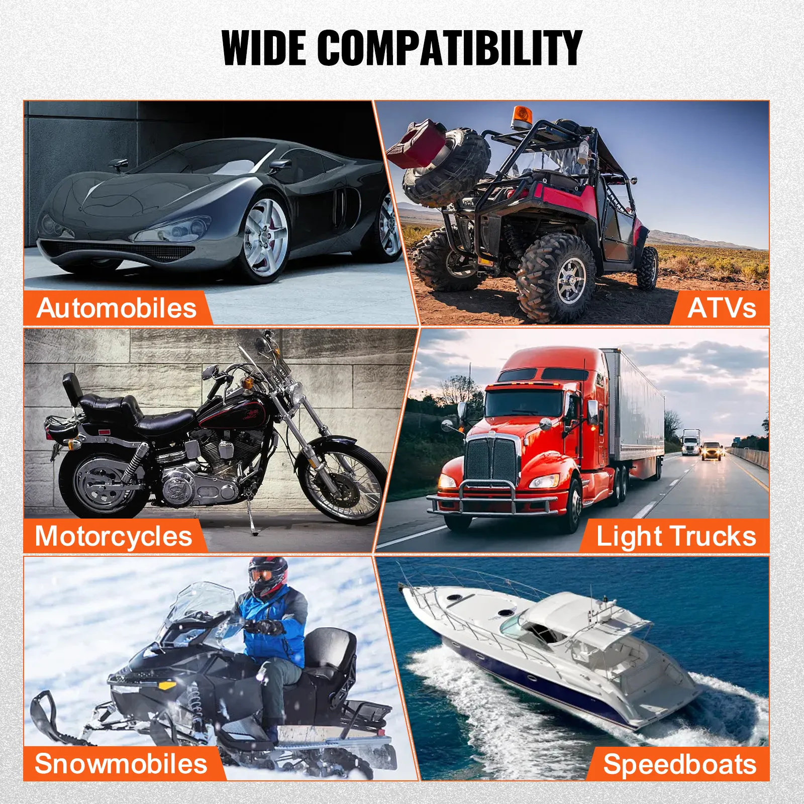 wide compatibility of VEVOR smoke leak detector with automobiles, atvs, motorcycles, light trucks, snowmobiles, and speedboats.