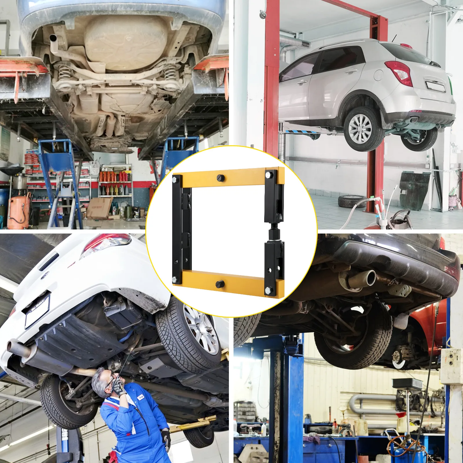 Separador de carcasa diferencial VEVOR en taller de reparación de automóviles con coches en elevadores.