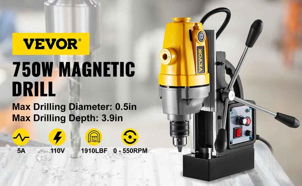 Taladro magnético VEVOR: 750 W, diámetro máximo 0,5 pulgadas, profundidad 3,9 pulgadas, 5 A, 110 V, 1910 lb, 0-550 rpm.