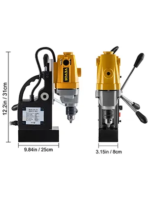 Dimensiones del taladro magnético VEVOR: 12,2 pulgadas x 9,84 pulgadas x 3,15 pulgadas.