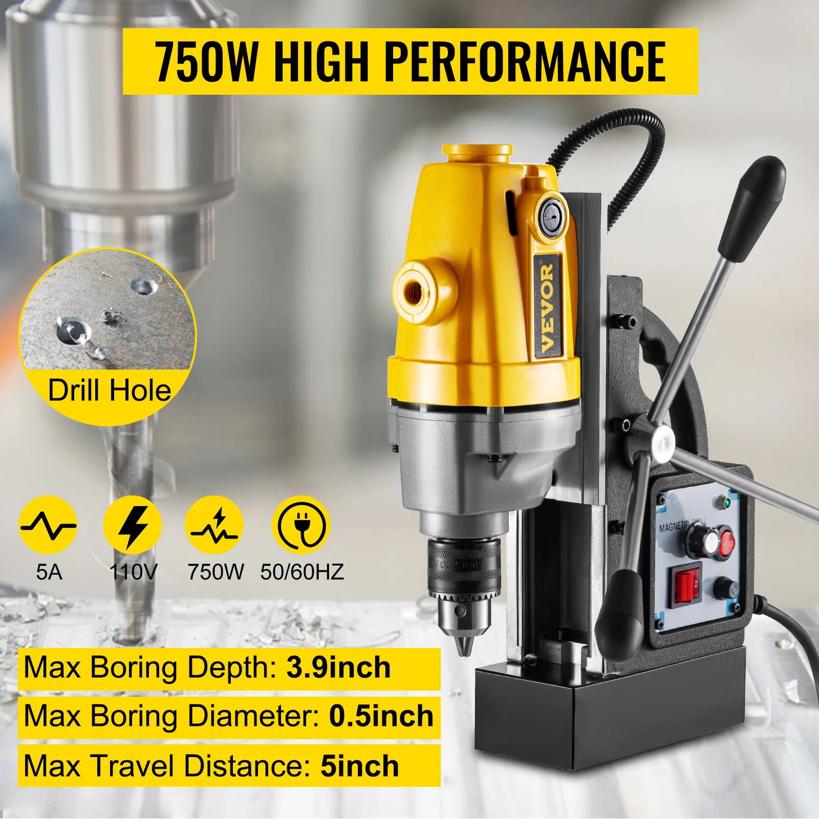 Taladro magnético VEVOR, 750 W de alto rendimiento, profundidad máxima 3,9 pulgadas, diámetro 0,5 pulgadas, recorrido 5 pulgadas.