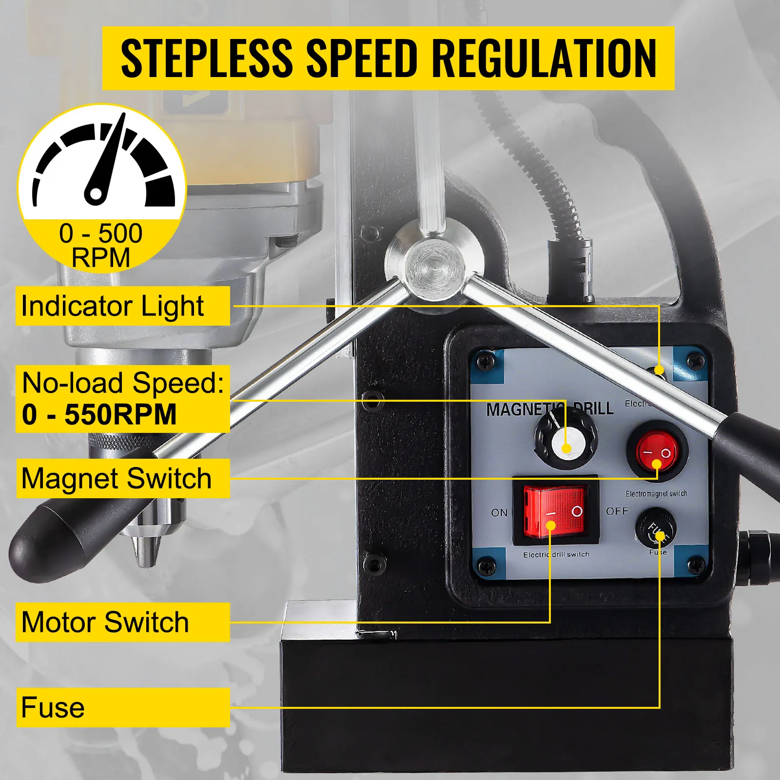 Panel de control y características del taladro magnético VEVOR con regulación de velocidad continua.