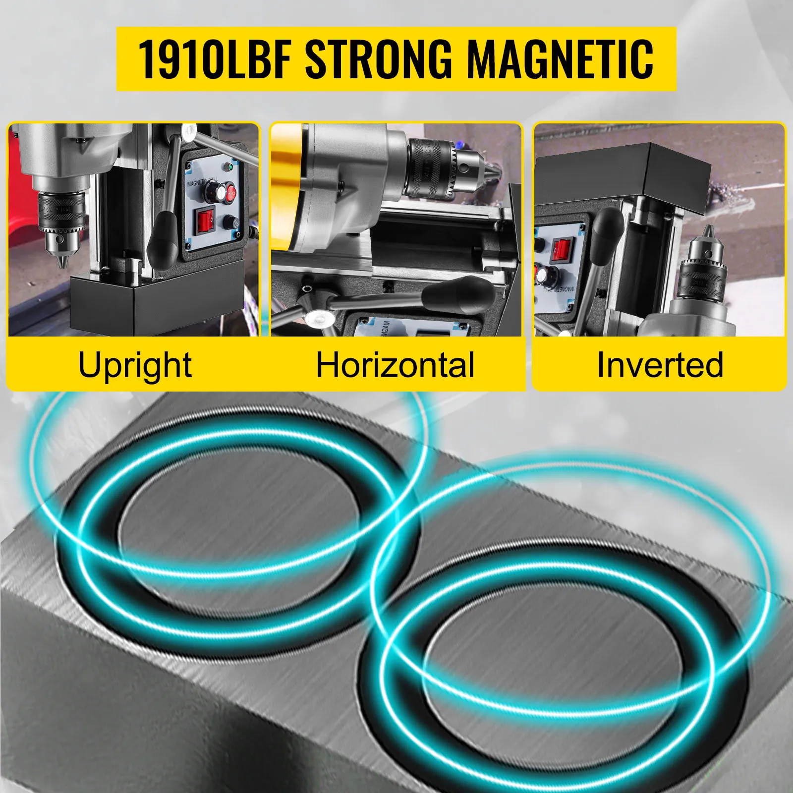 Taladro magnético VEVOR en posición vertical, horizontal e invertida con base magnética fuerte.