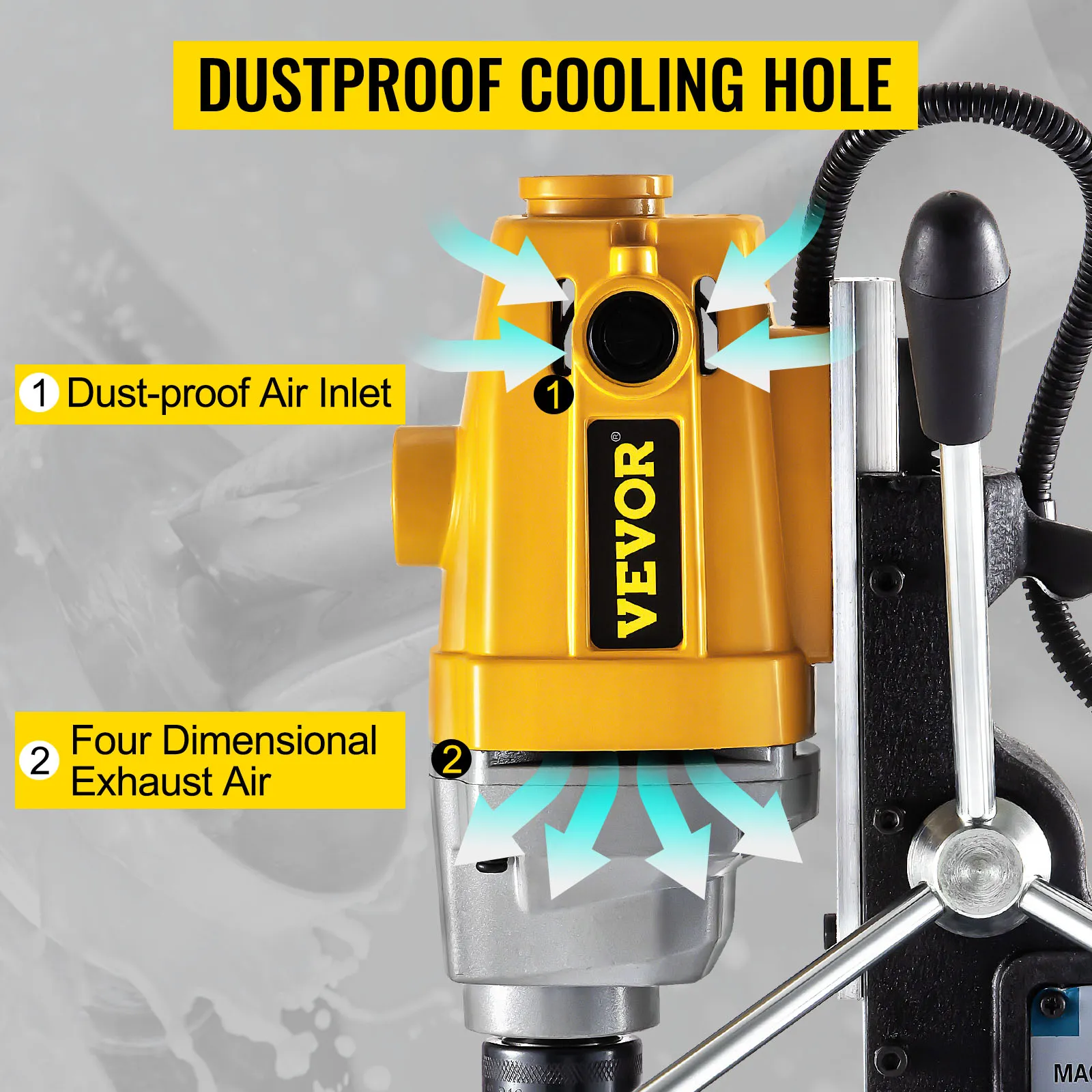 Taladro magnético VEVOR con entrada de aire a prueba de polvo y sistema de aire de escape de cuatro dimensiones.