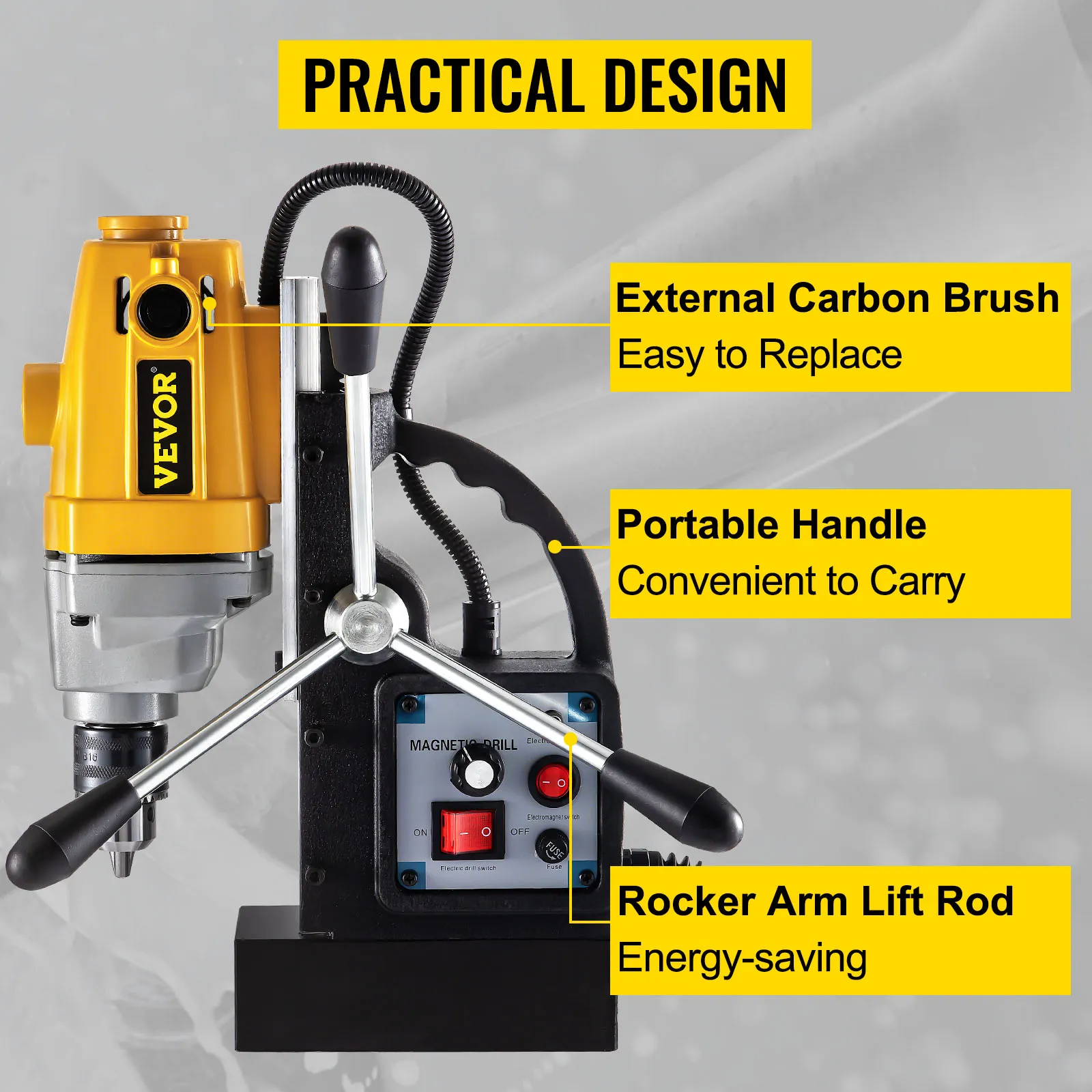 Taladro magnético VEVOR con diseño práctico, mango portátil y barra de elevación con brazo basculante.