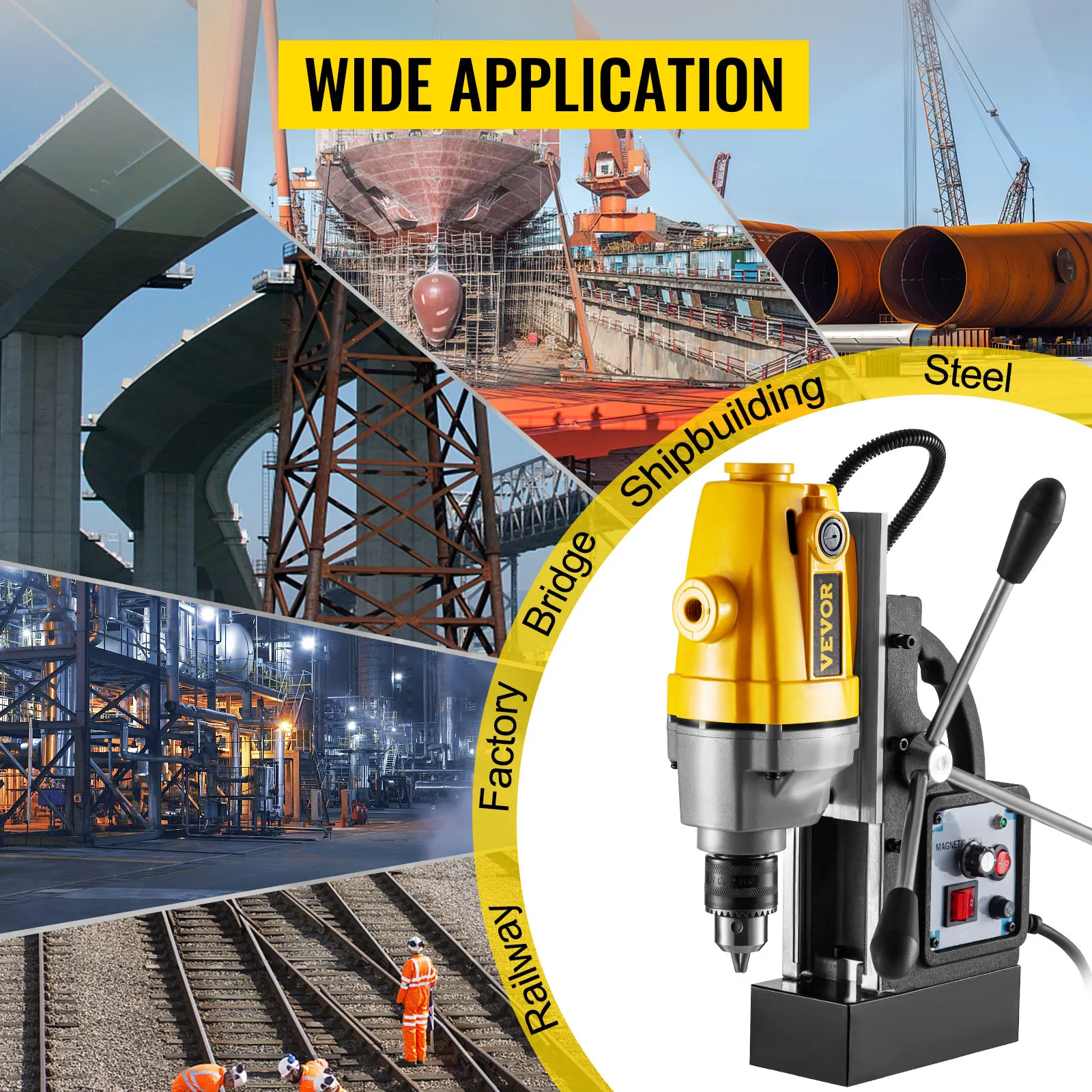 Taladro magnético VEVOR que muestra amplias aplicaciones en fábricas, ferrocarriles, puentes, construcción naval y acero.