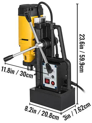 Taladro de columna magnético VEVOR con dimensiones etiquetadas.