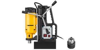 Taladro magnético VEVOR con cuerpo amarillo y panel de control, junto con broca.
