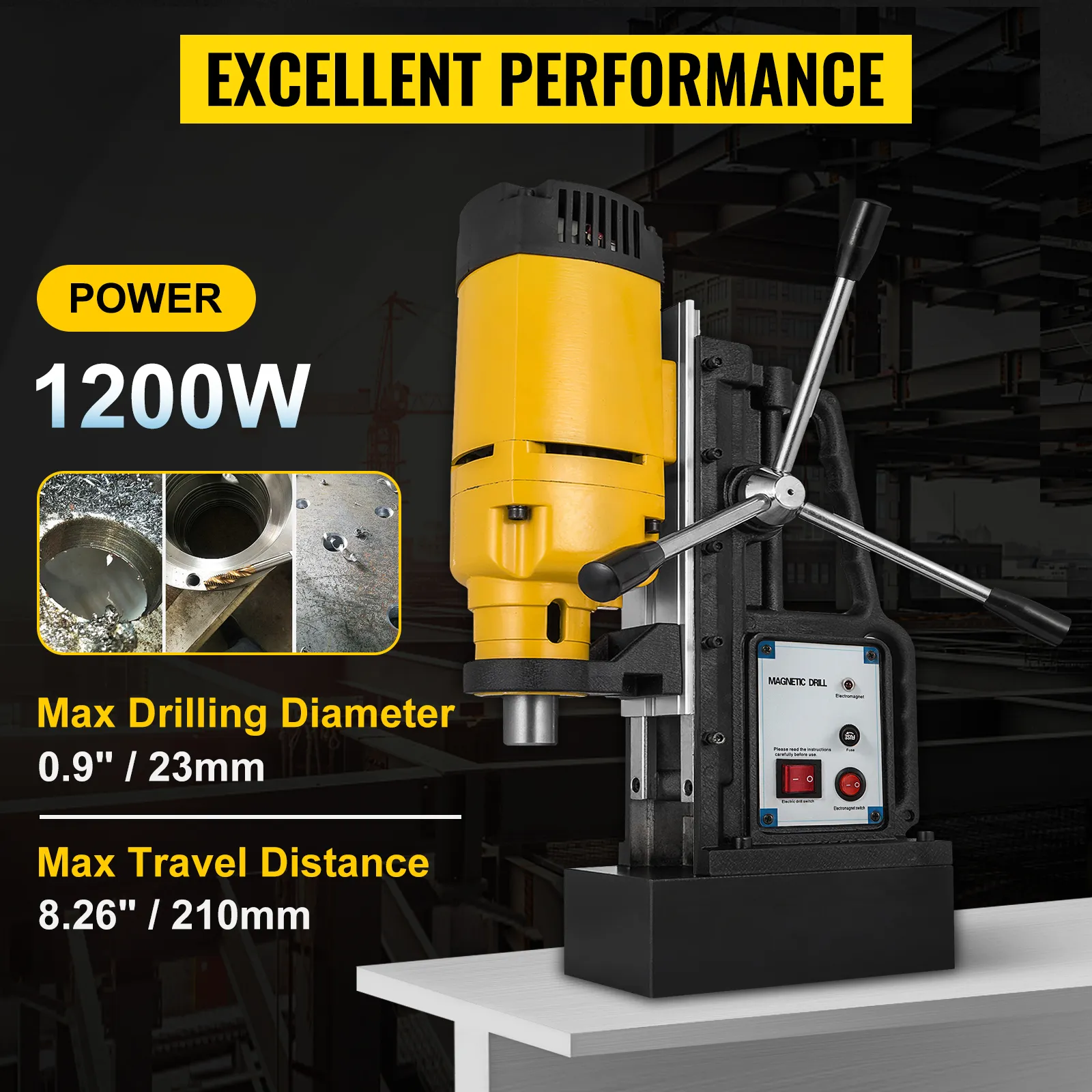 Taladro de columna magnético VEVOR, 1200 W, diámetro de perforación máximo de 0,9", distancia de recorrido de 8,26"