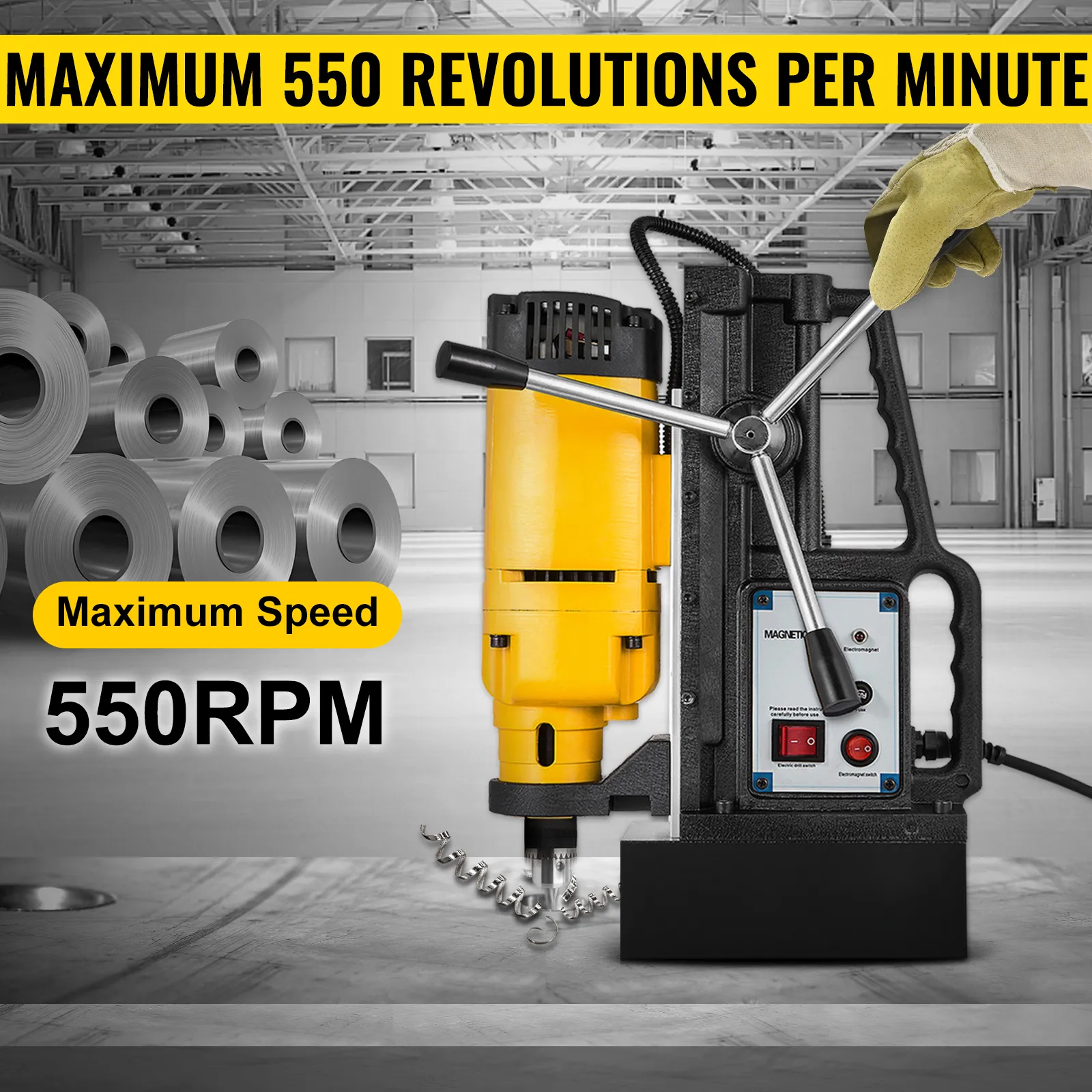 Taladro magnético VEVOR con velocidad máxima de 550 rpm en configuración de fábrica.