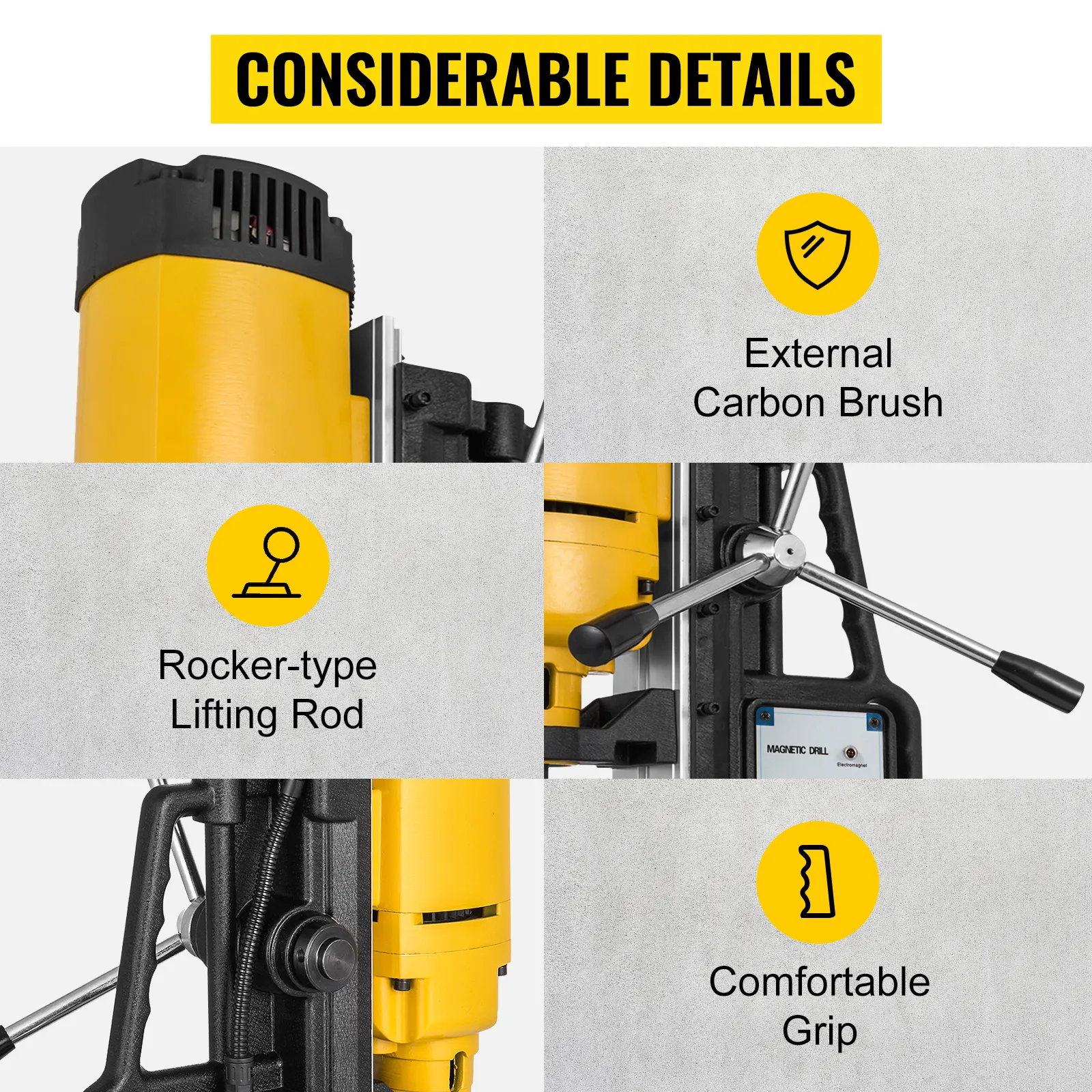 Taladro de columna magnético VEVOR con escobilla de carbón externa y barra de elevación tipo balancín.
