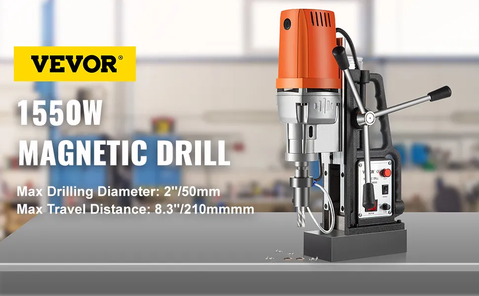 VEVOR magnetic drill 1550w, max drilling diameter 2"/50mm, max travel 8.3"/210mm.