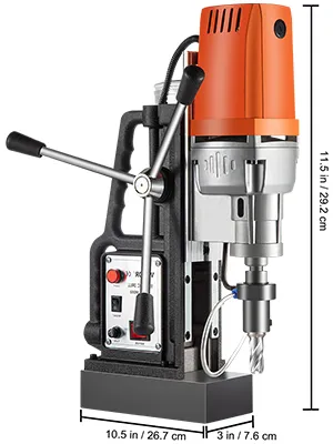 VEVOR magnetic drill 1550w with bright orange top, detailed buttons, and measurement annotations.