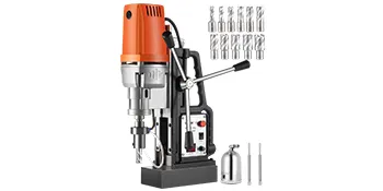 VEVOR magnetic drill 1550w with multiple drill bits and accessories in orange and black.
