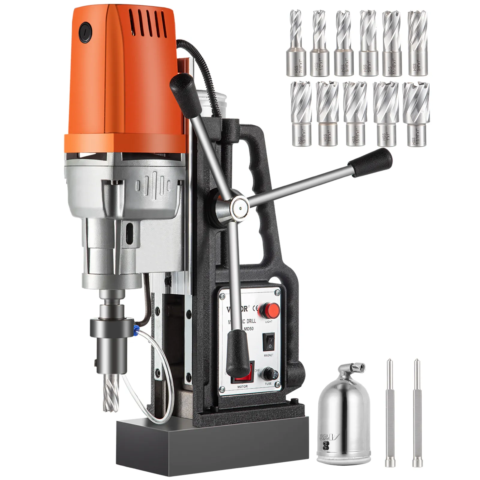 VEVOR magnetic drill 1550w with multiple drill bits and accessories.