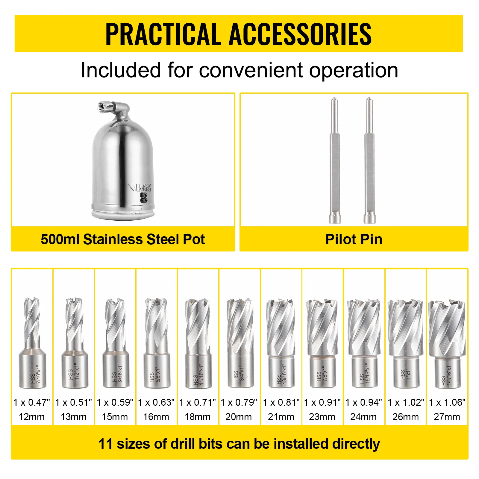practical accessories for VEVOR magnetic drill 1550w, with a 500ml pot and various drill bits.