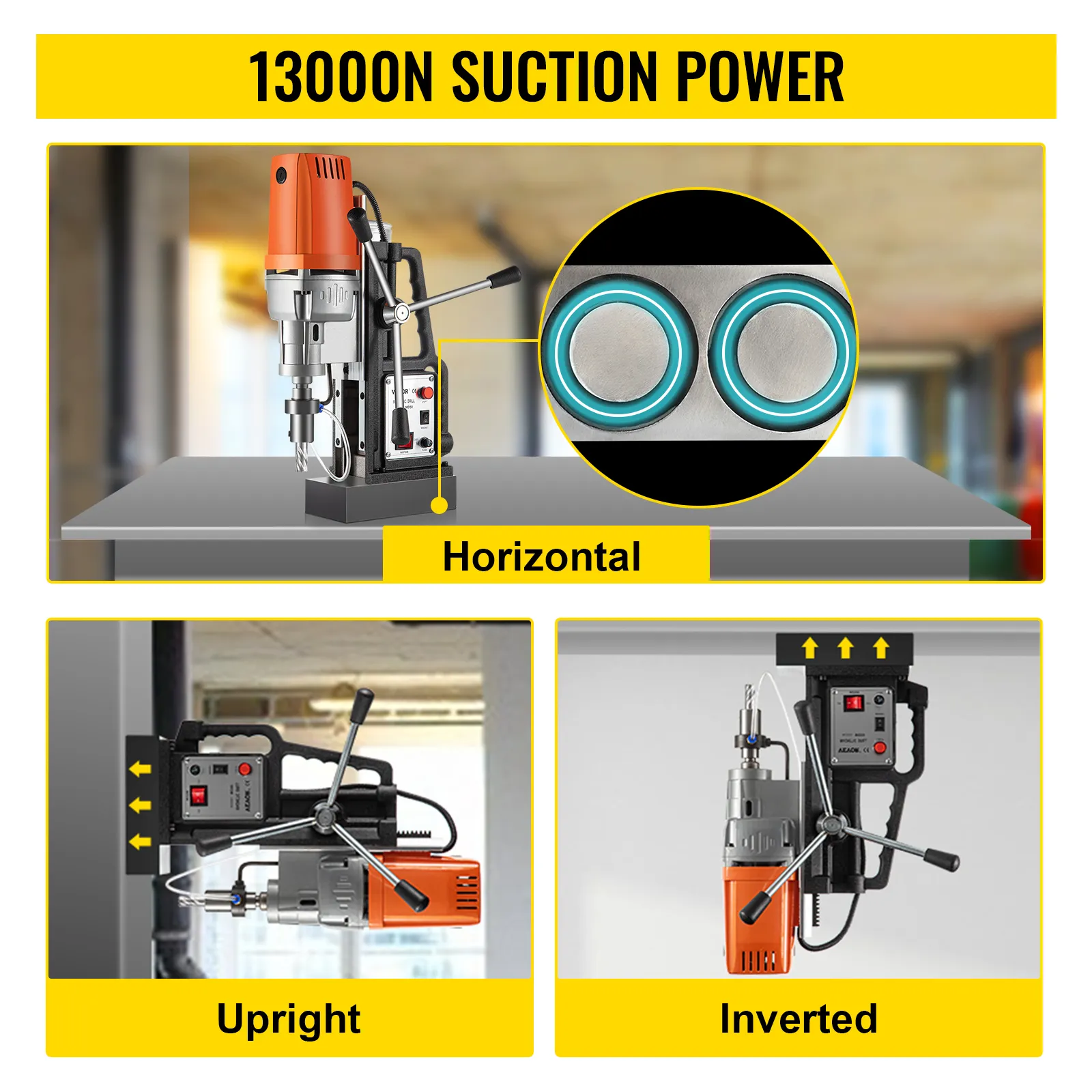 VEVOR magnetic drill 1550w with 13000n suction, horizontal, upright, and inverted usage.