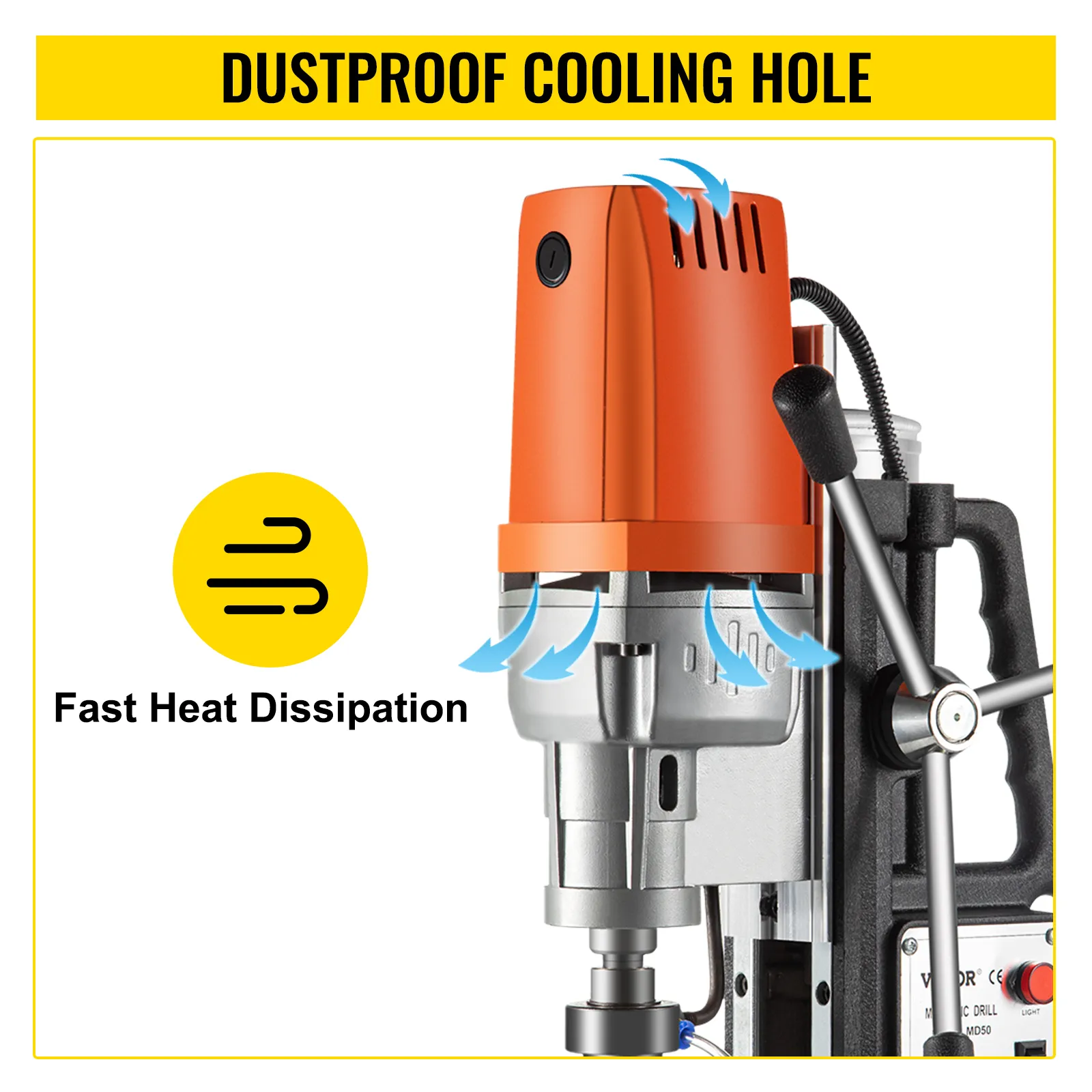 VEVOR magnetic drill 1550w with dustproof cooling holes for fast heat dissipation.