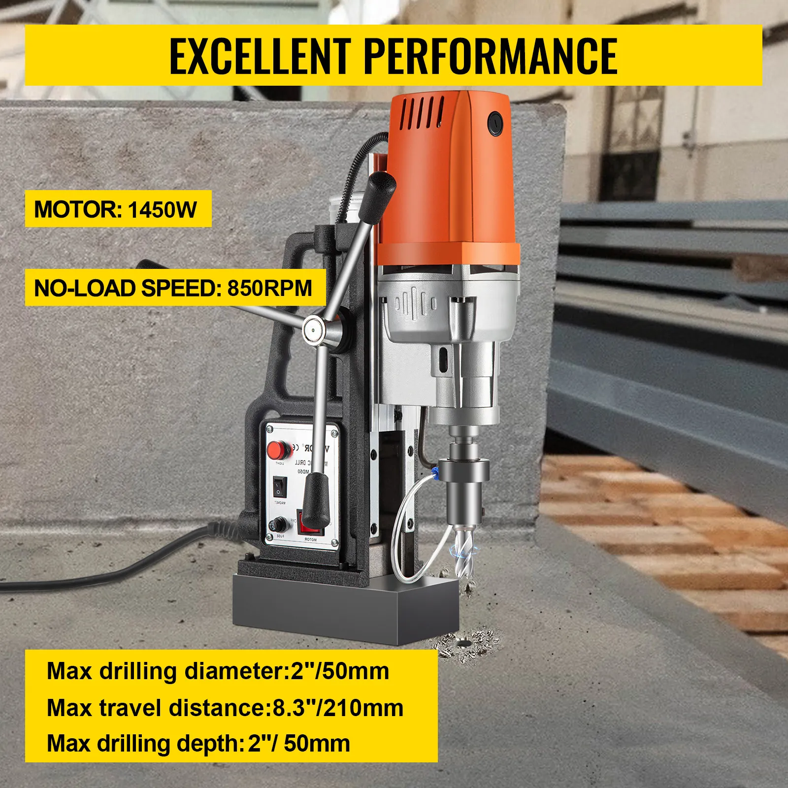 Taladro magnético VEVOR naranja con motor de 1680w y velocidad sin carga de 500rpm.