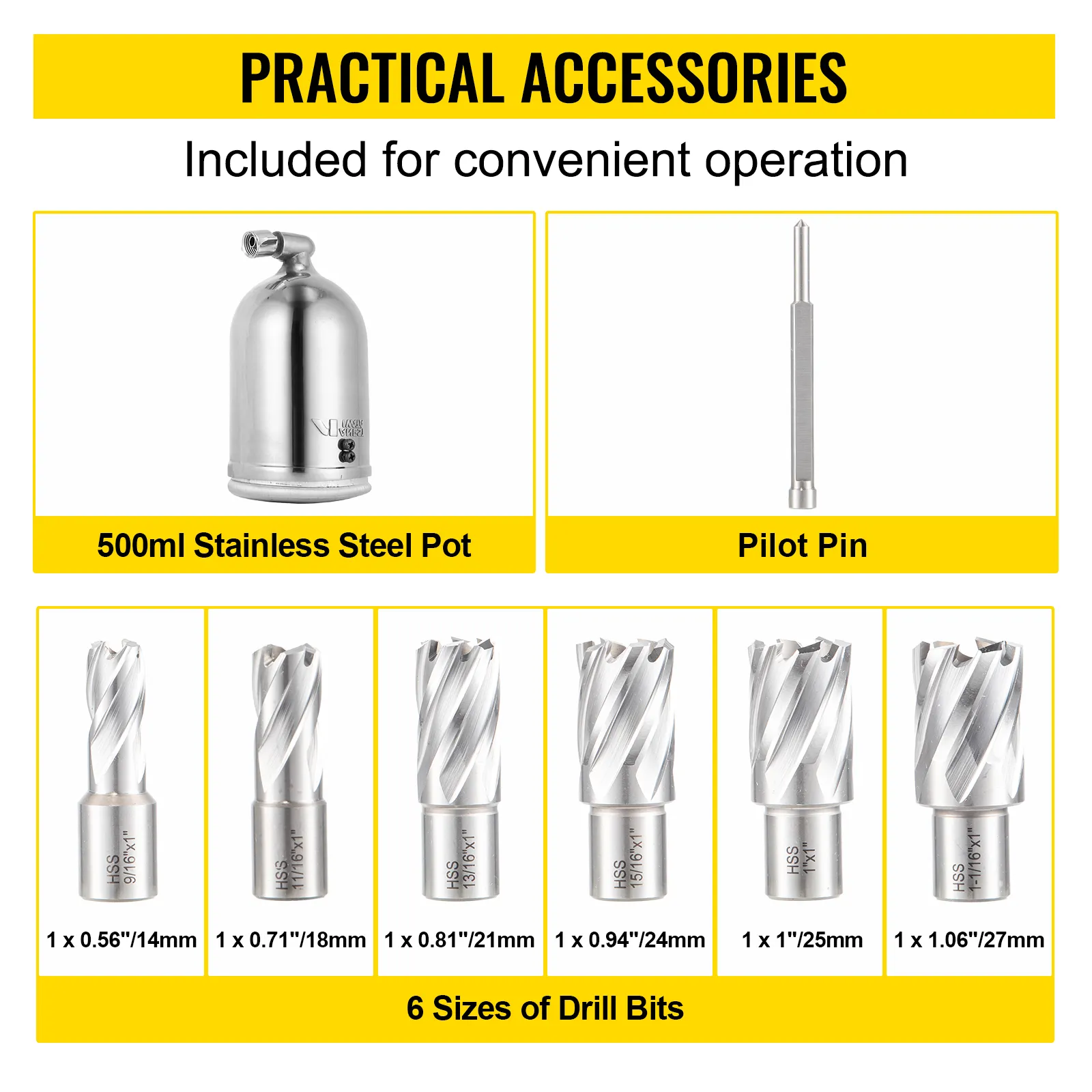 Accesorios para taladro magnético VEVOR: recipiente de 500 ml, pasador piloto, 6 tamaños de brocas.