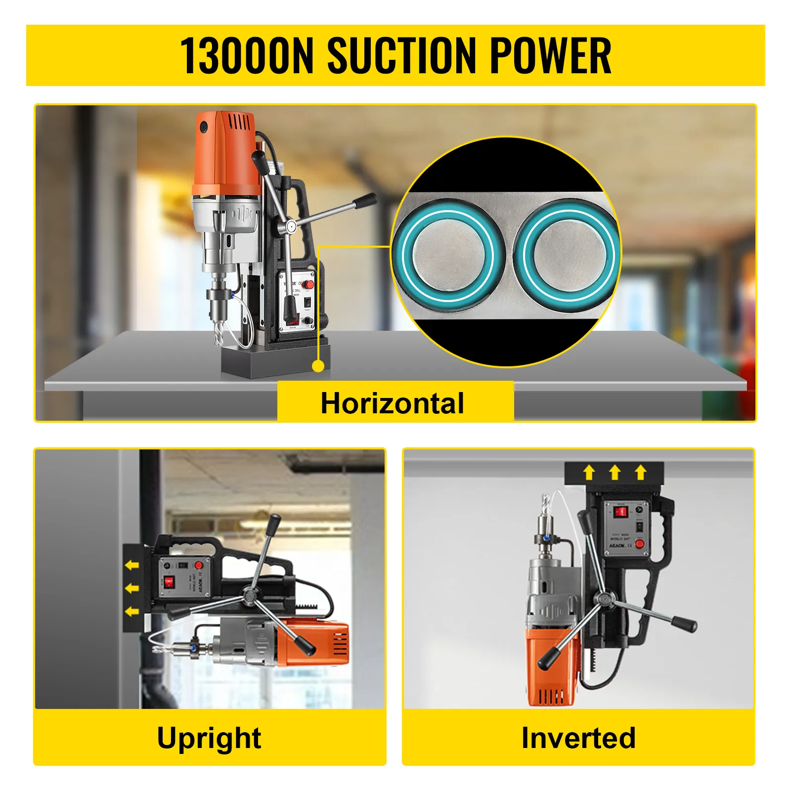 Taladro magnético VEVOR que muestra una potencia de succión de 13000n para uso horizontal, vertical e invertido.