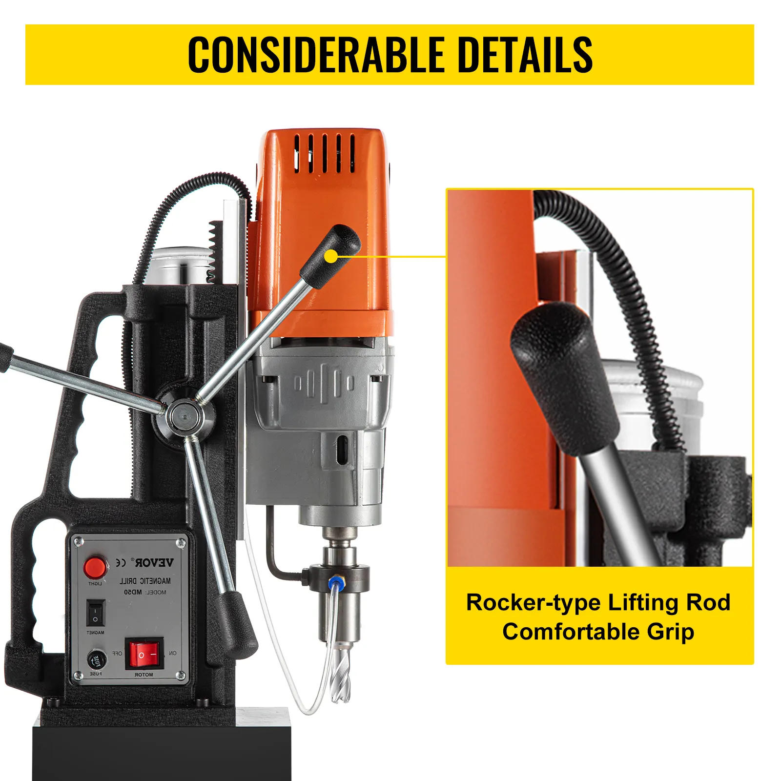 Taladro magnético VEVOR con barra de elevación tipo balancín y agarre cómodo.