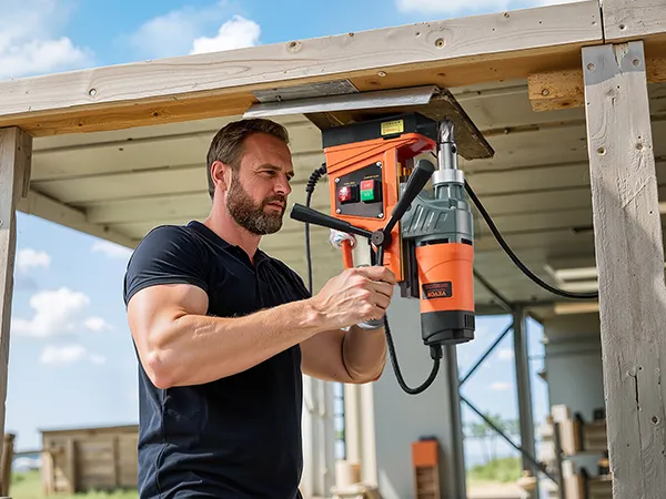 Taladro magnético VEVOR en un taller; a la derecha, un marco de pared de ladrillos en construcción.