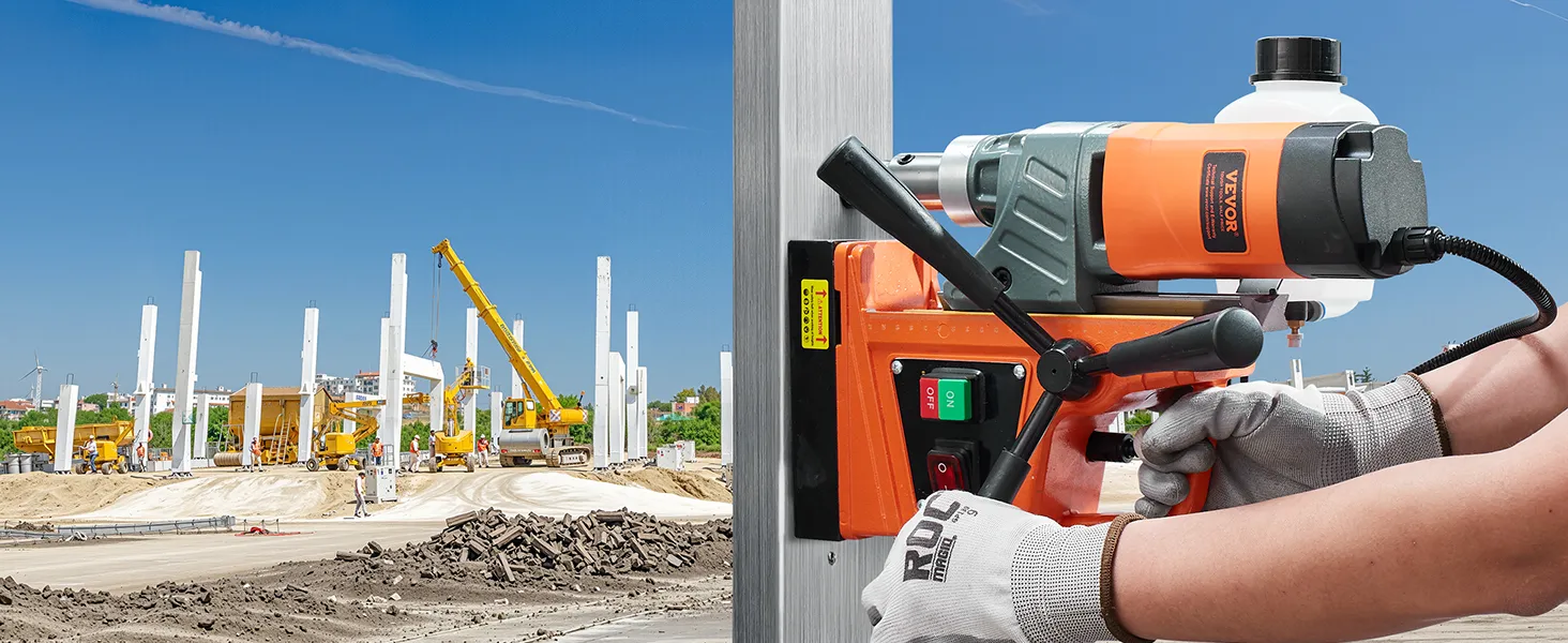 Fabricación industrial de acero con barras de metal apiladas y un taller ajetreado; construcción de vías férreas con túneles. Taladro magnético VEVOR