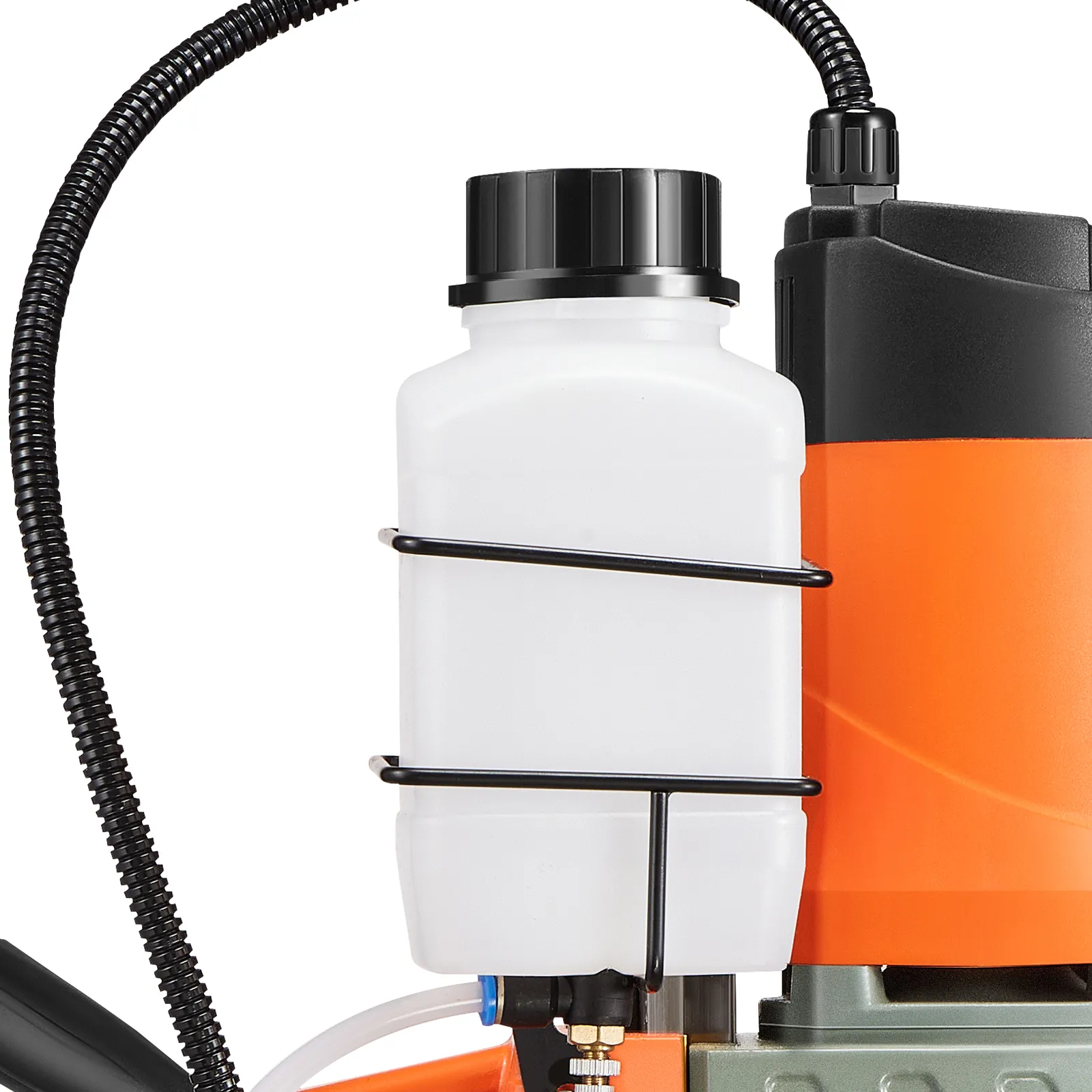 Taladro magnético VEVOR con mangos dobles, botones de encendido/apagado y sistema de refrigeración. Diseño naranja brillante y gris.