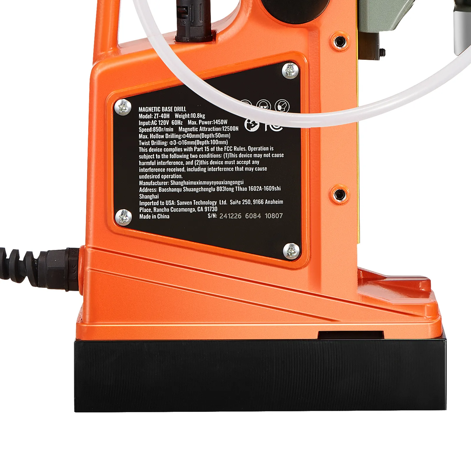 Taladro magnético VEVOR con cuerpo naranja, contenedor de refrigerante adjunto y asas laterales dobles.