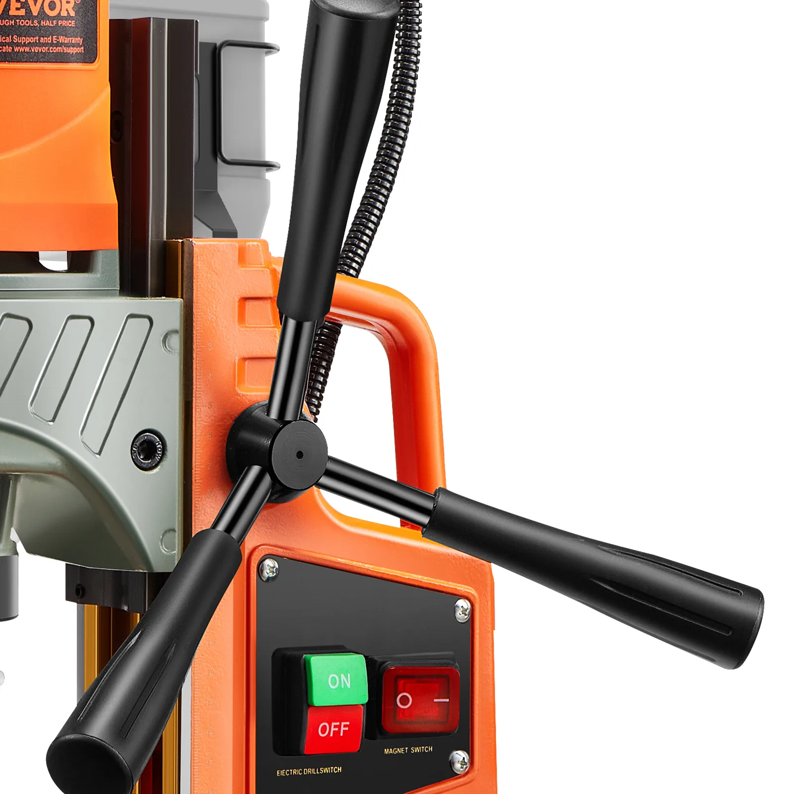 Taladro magnético VEVOR naranja con depósito de agua y cable de alimentación flexible.