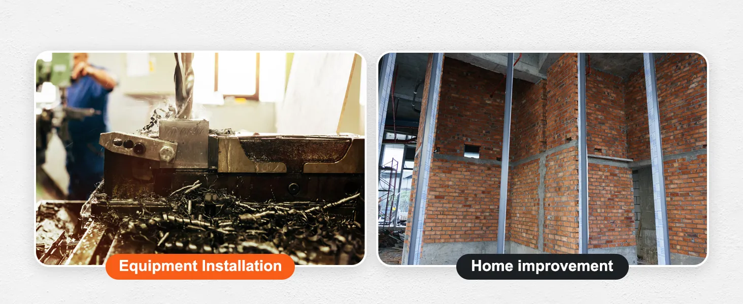 Instalación de equipos con taladro magnético VEVOR y construcción de paredes de ladrillo para mejoras en el hogar.