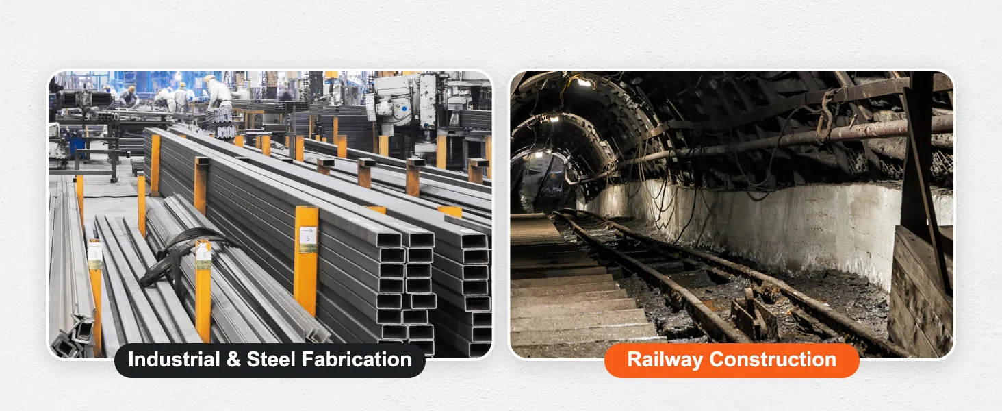 Fabricación industrial y metalúrgica con vigas metálicas y construcción de ferrocarril en el interior de un túnel.