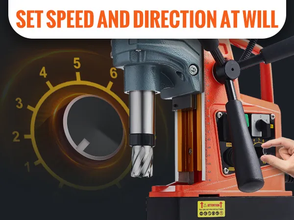 Taladro magnético VEVOR con velocidad de husillo de 810 rpm, potencia de 1400w, caja de cambios de 10 velocidades, roscado reversible.
