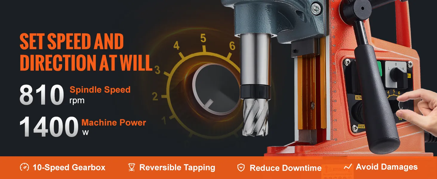 Taladro magnético VEVOR con velocidad de husillo de 810 rpm, potencia de 1400w, caja de cambios de 10 velocidades, roscado reversible.